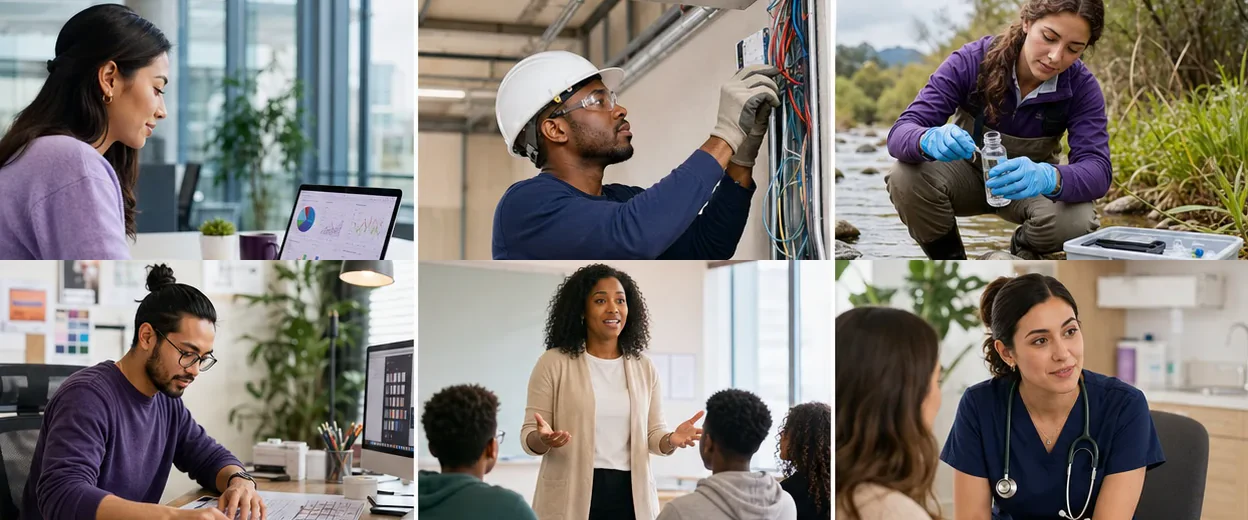 Six career scenes showing data analysis, electrical training, environmental science, graphic design, classroom teaching, and healthcare communication.