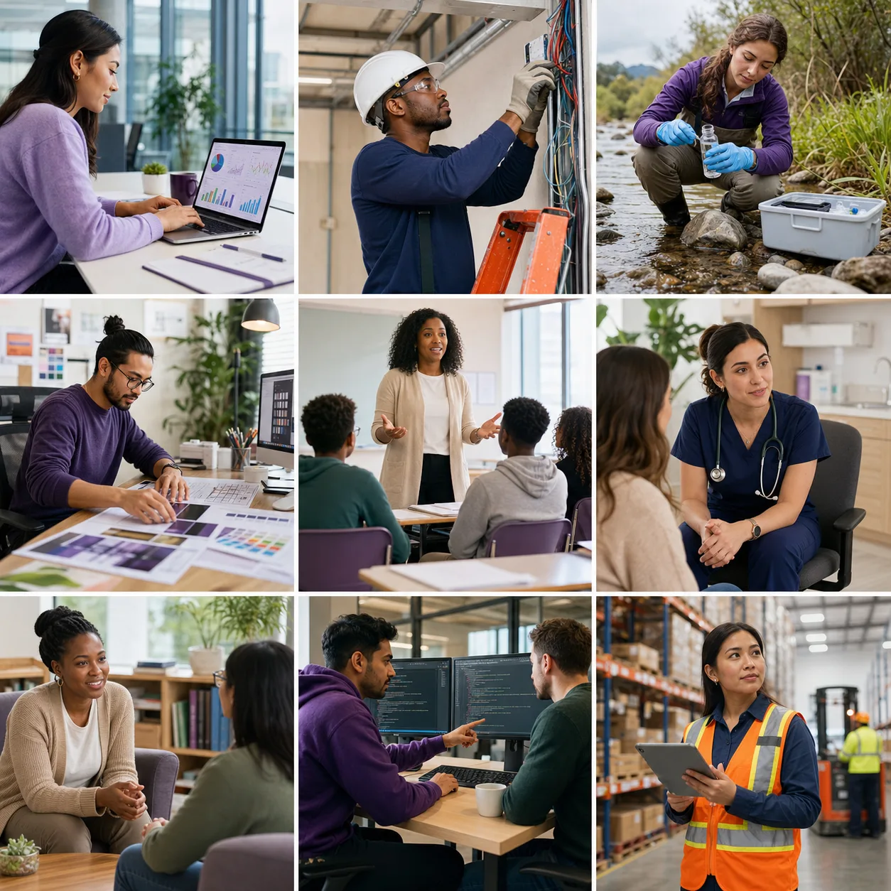 A grid of people working in data, skilled trades, science, design, education, healthcare, social work, software, and logistics.