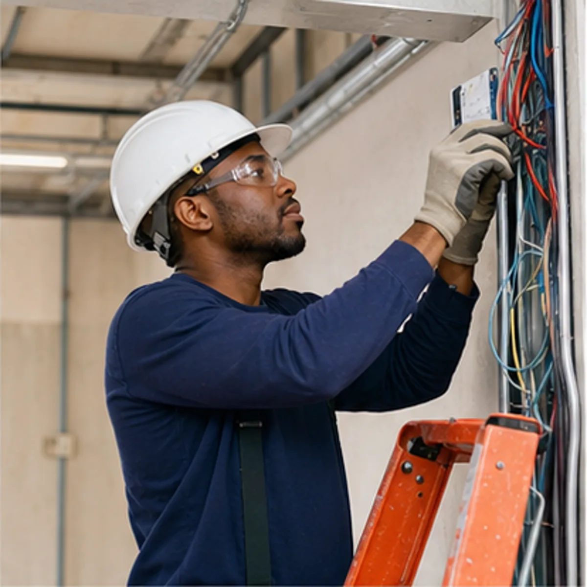 Electrician at work in a realistic setting.