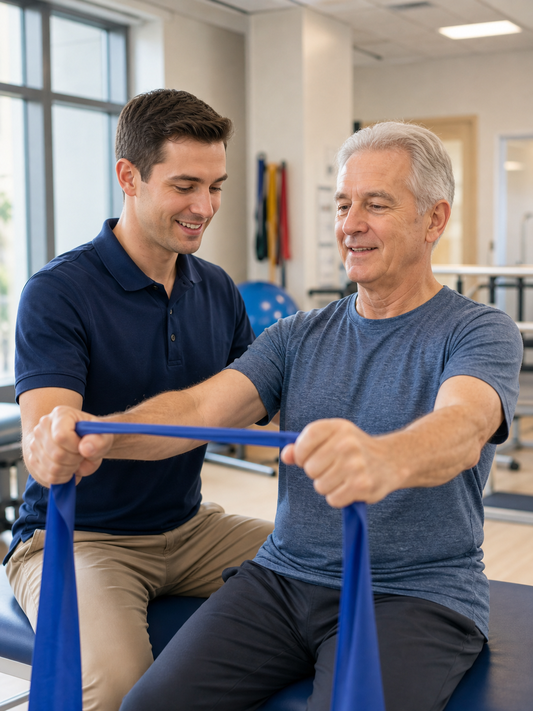 Physical therapist guiding an older patient through a resistance band exercise.